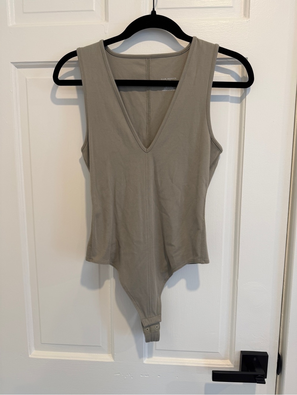 Club Monaco Sleeveless V-Neck Bodysuit in Taupe Gray/Green